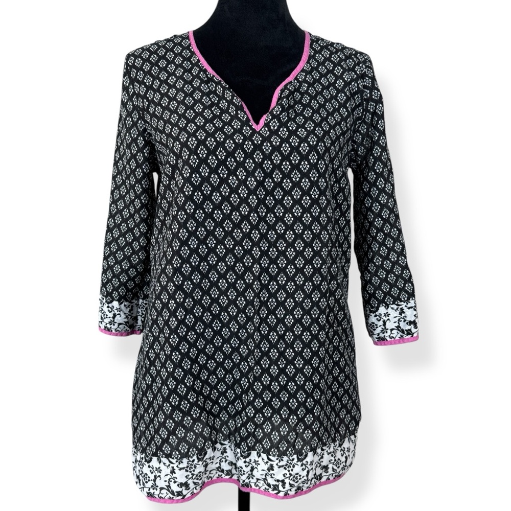 Kut from the Cloth‎ Tunic Top Womens Small S Black White Floral Pink Trim